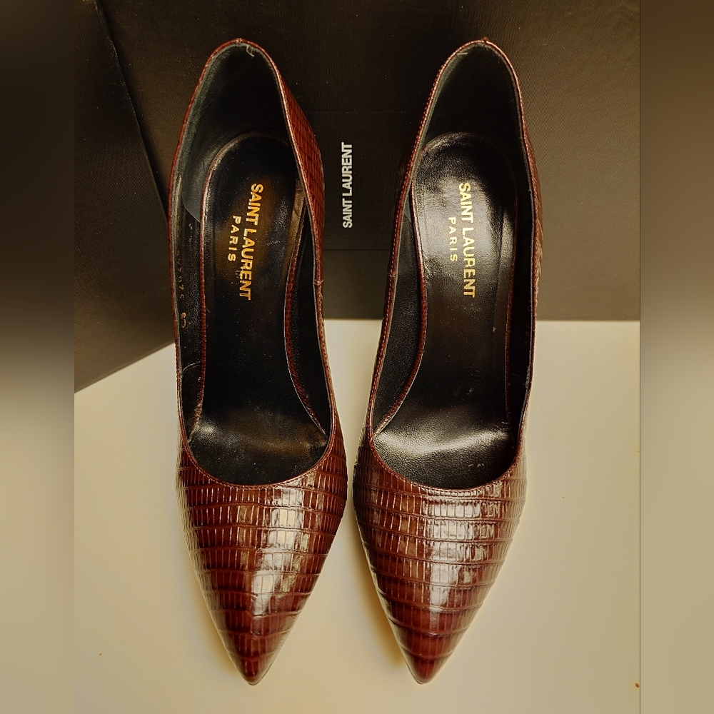 Saint Laurent Women's Brown Croc-Embossed Shoes - Picture 2 of 14